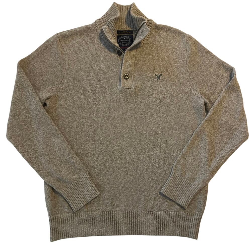American Eagle 1/4 Zip Sweater Mens Size L Brown Cotton Work Casual Cozy Layer